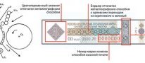 Рис. 6. Схема печатного аппарата «орловской печати» (а): 1, 2, 3, 4 — печатные формы, 5 — сборная печатная форма, 11, 21, 31, 41, — эластичные валики; выполнение орловского эффекта металлографской печатью в защитной марке (старого образца)